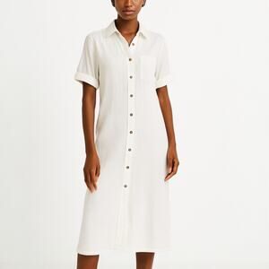 Zara Women's White Linen Button Down Collar Short Sleeve Midi Shirt Dress Sz XS
